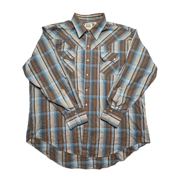 VTG Ely Cattleman Mens Shirt 2XL Plaid Brown Blue LS Pearl Snap Collared Western - Picture 8 of 11